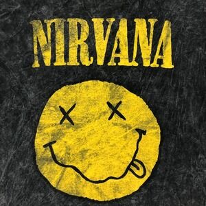 Nirvana Smiley Face Graphic T Shirt Black Acid Wash Cotton Men's Size L